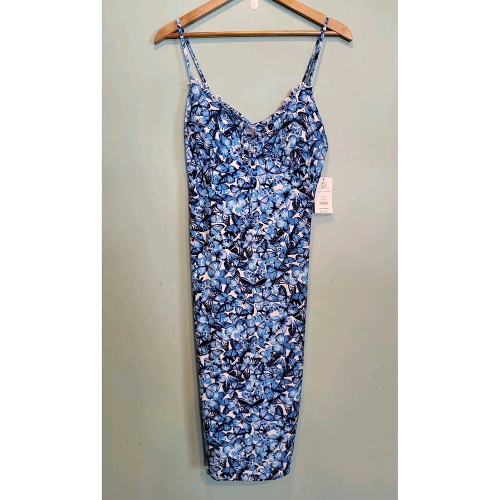 New Blue Butterfly Stretch Babydoll Empire Waist Sleeveless Midi Dress L